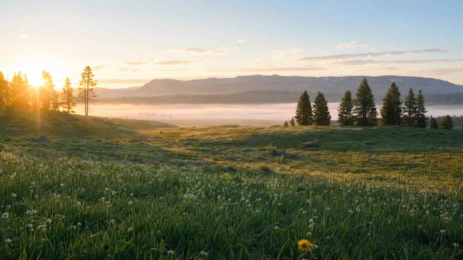 Sunlit meadow and forest landscape at dawn