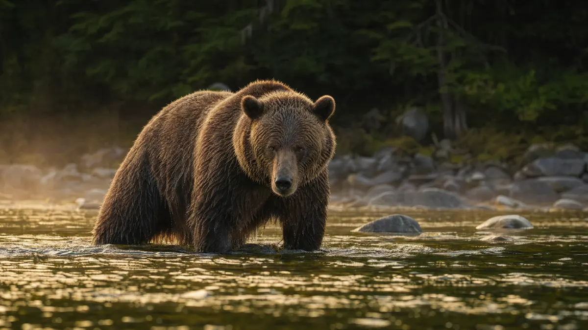Grizzly bear standing in a shallow forest river