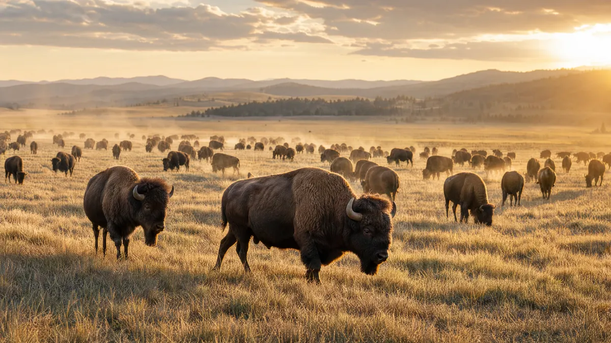 Bison herd moving across a golden plain