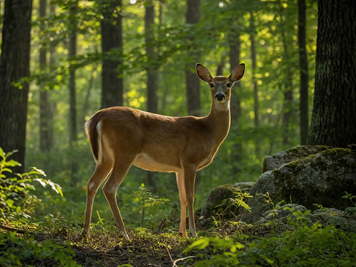 White-tailed deer standing in dappled forest light