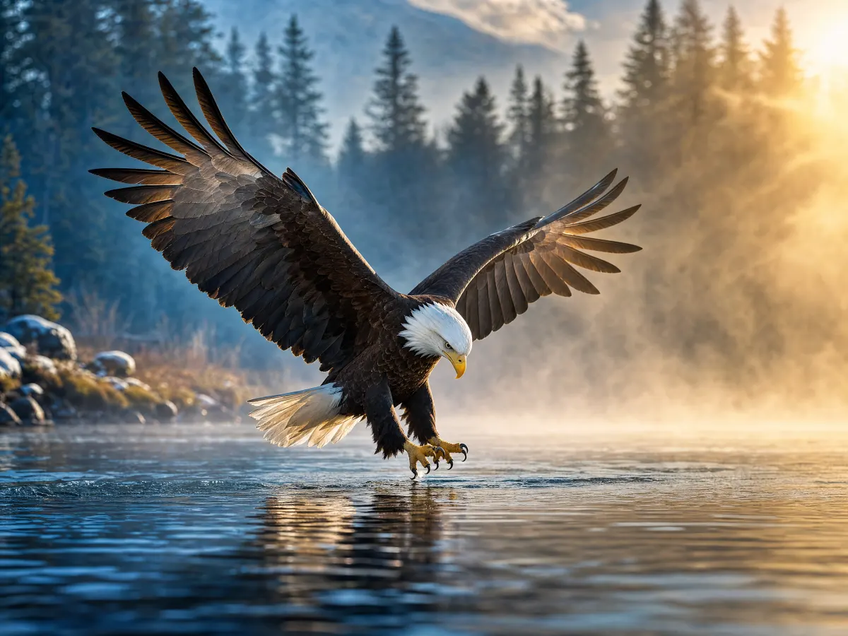 Bald eagle descending toward a misty river at sunrise