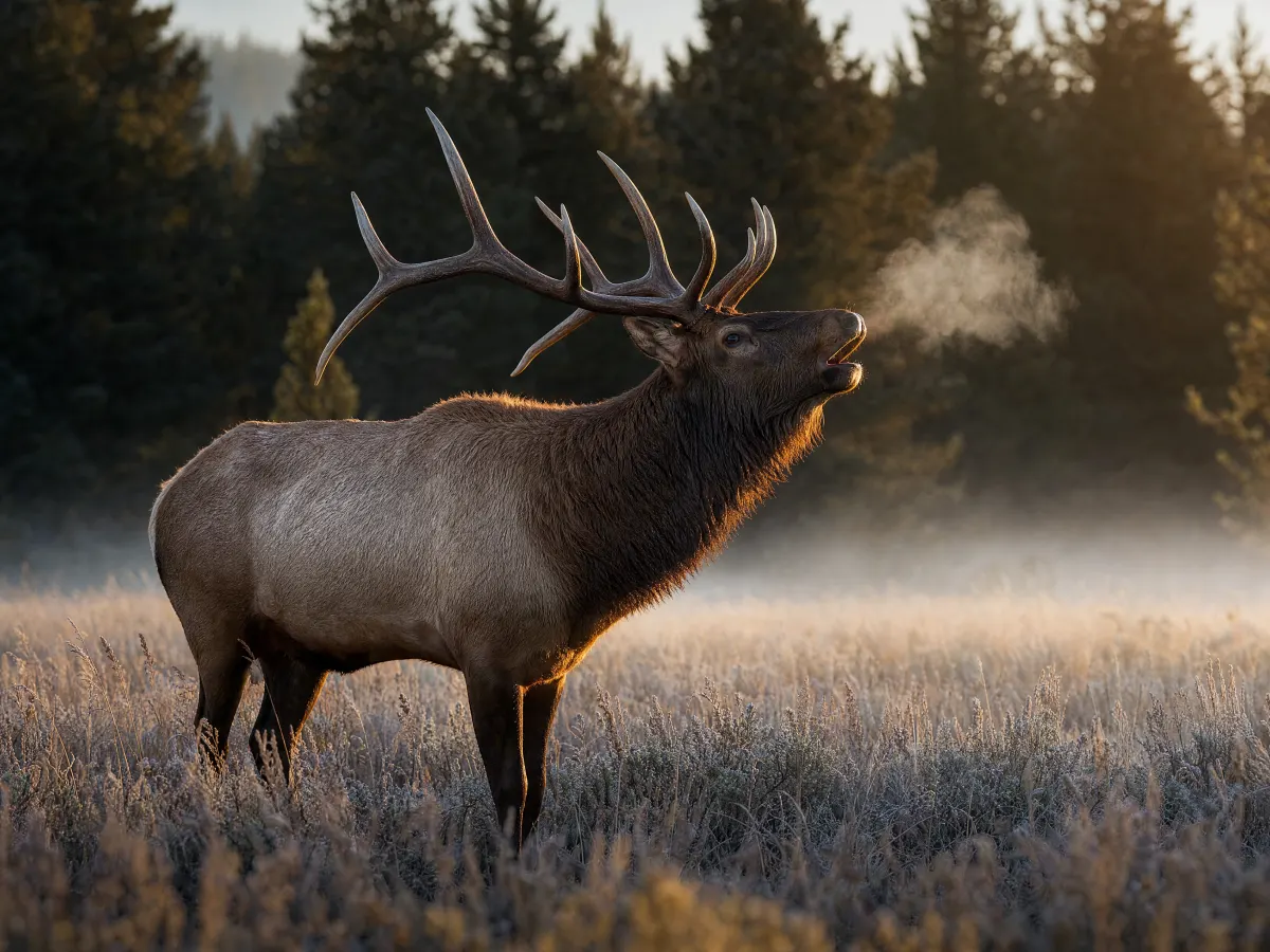 Bull elk bugling in a misty meadow at dawn