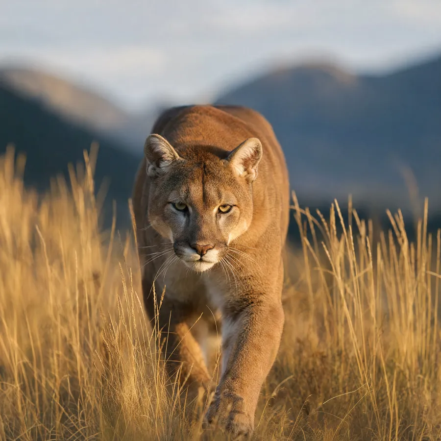Mountain lion moving through golden grass