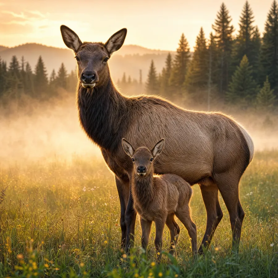 Elk mother standing with calf in warm meadow light