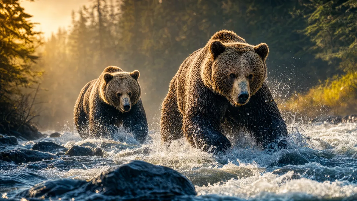 Grizzly bear standing near a rushing forest river