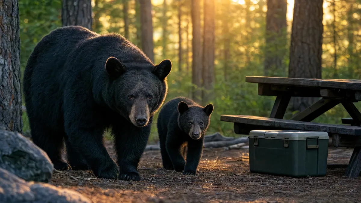 Black bear and cub near a quiet forest campground