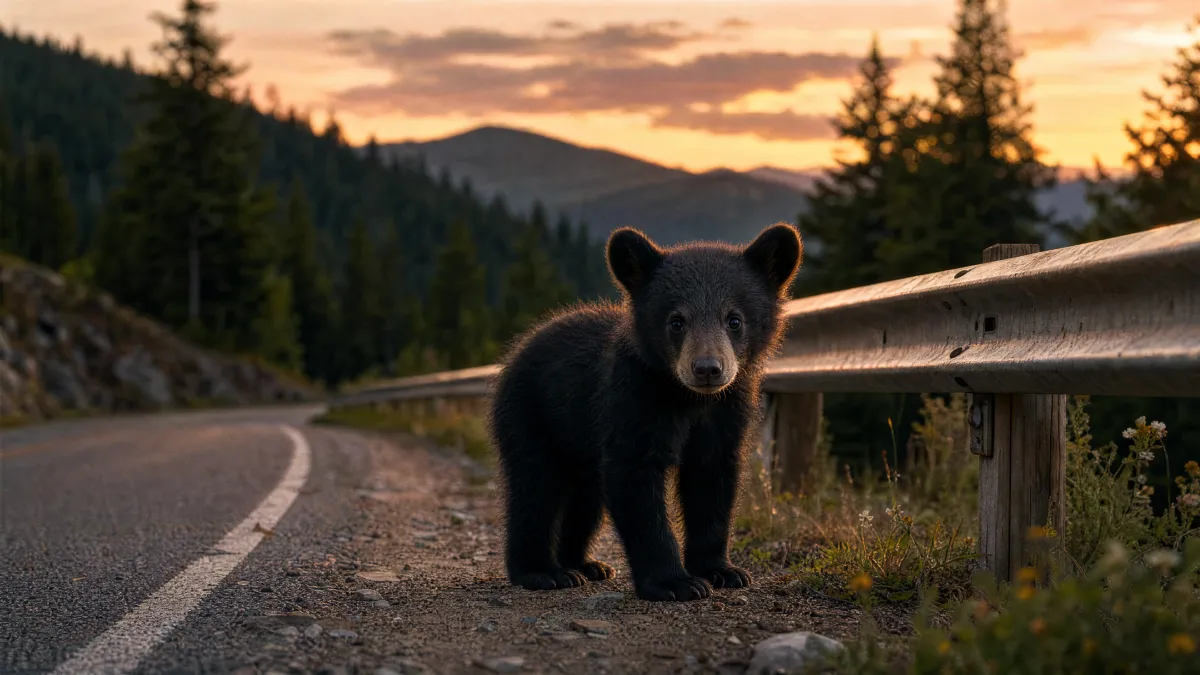 Small bear cub standing beside a quiet mountain road