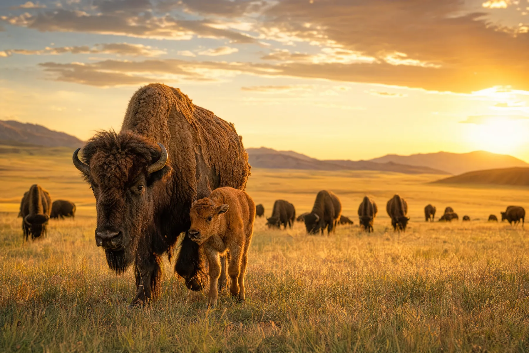 Bison mother and calf walking through golden grass with a herd behind them