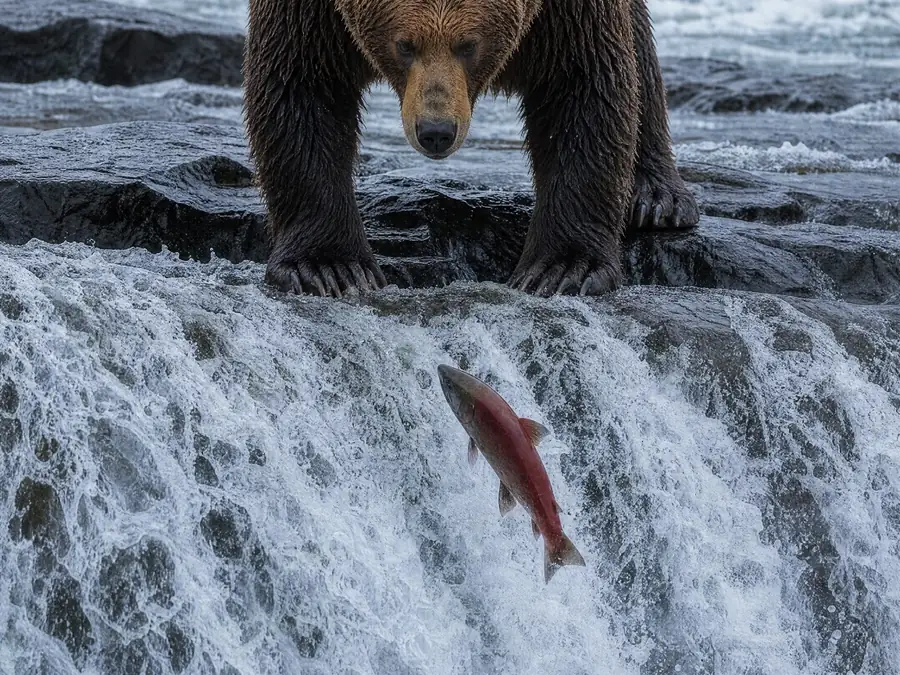 Large bear standing in a forest river landscape