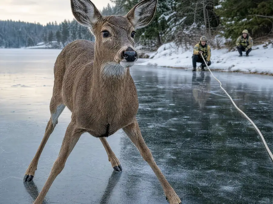 Deer standing carefully on a cold icy landscape